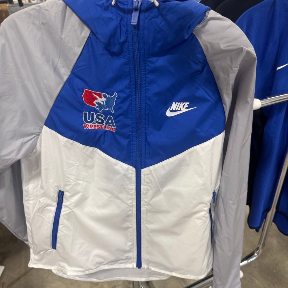 Nike Blue, White, and Gray Windbreaker for Women | USA Wrestling